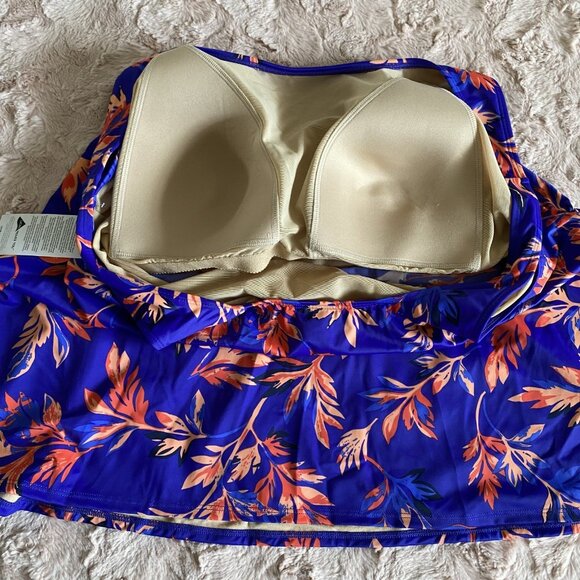 NWT LL Bean Womens 22W Plus Cobalt Blue Tankini Swim Top Coral Floral Padded - Picture 5 of 9